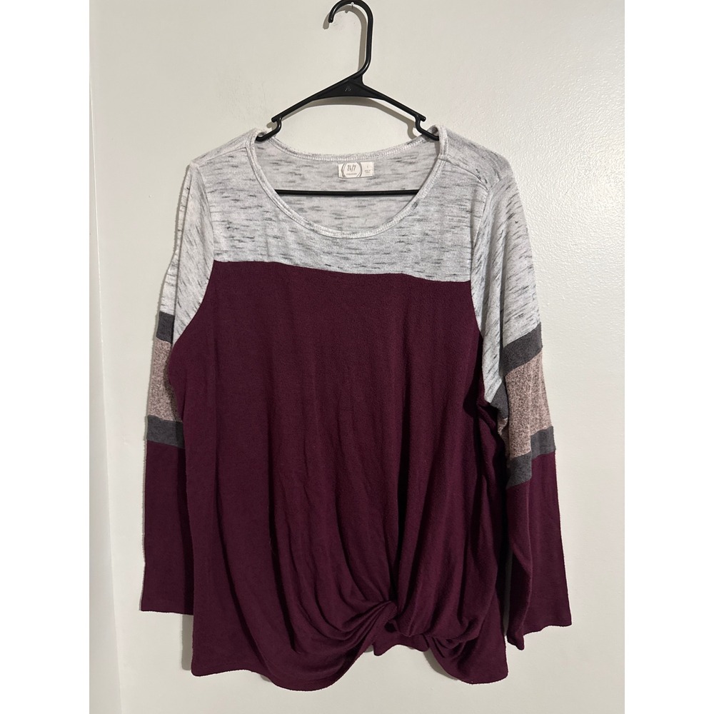 Maurices 24/7 Womens Top Size 1 Burgundy Grey Colorblock Front Knot Long Sleeve
